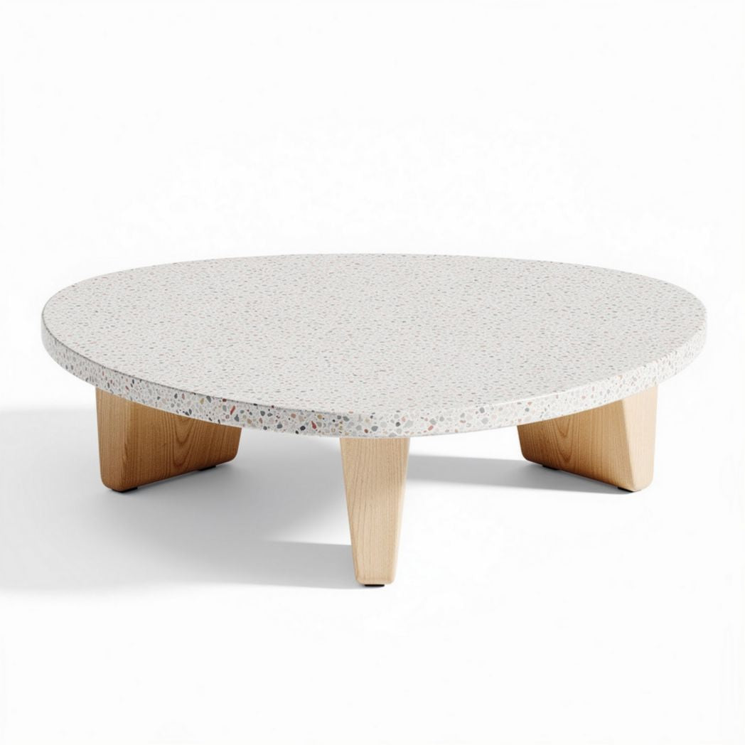 Round coffee table with terrazzo top and natural wood legs 80 x 80 x 30cm
