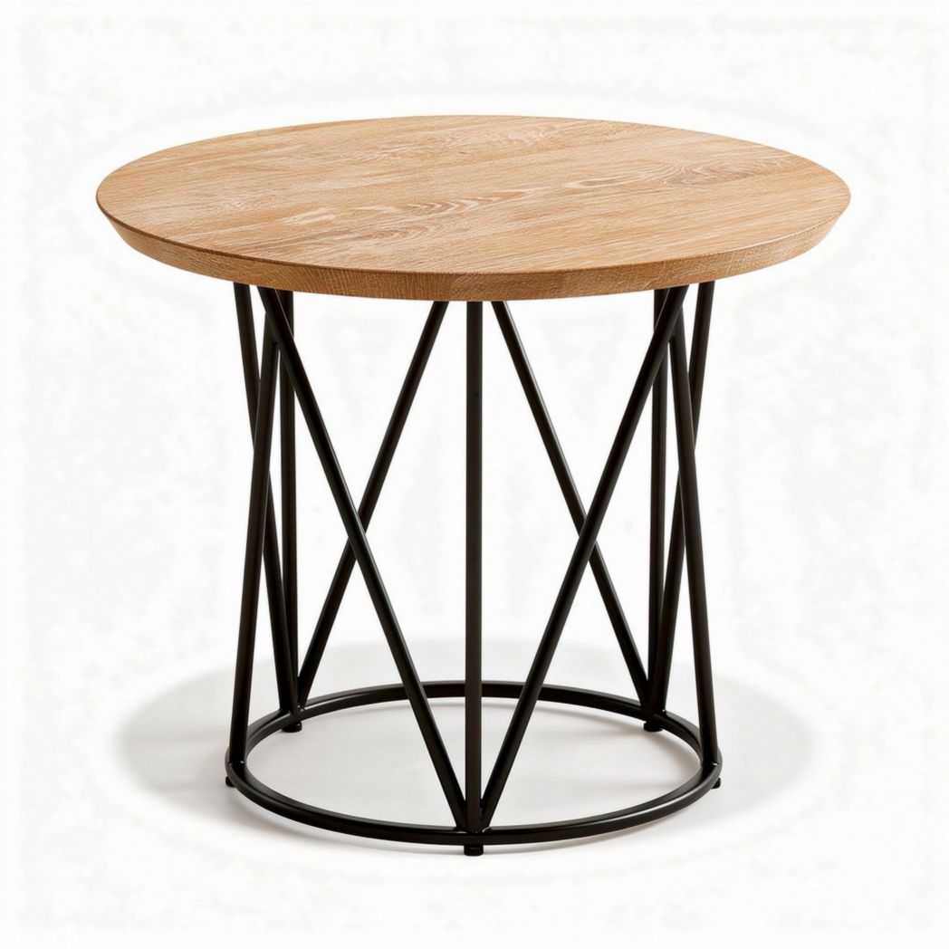 Wooden round coffee table with black metal base 60 x 60 x 45cm