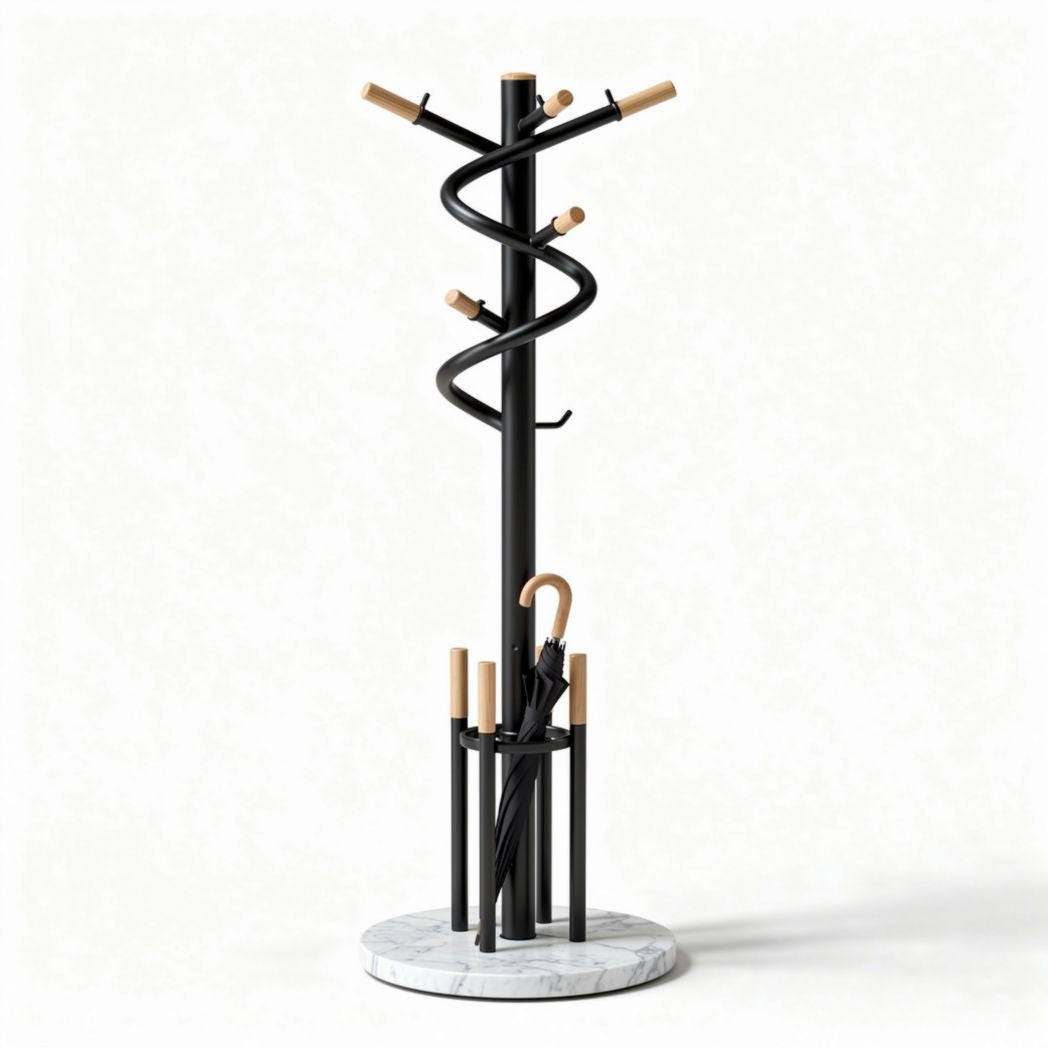 Metal and marble coat rack with umbrella stand and natural wood accents 180 x 50 x 50cm