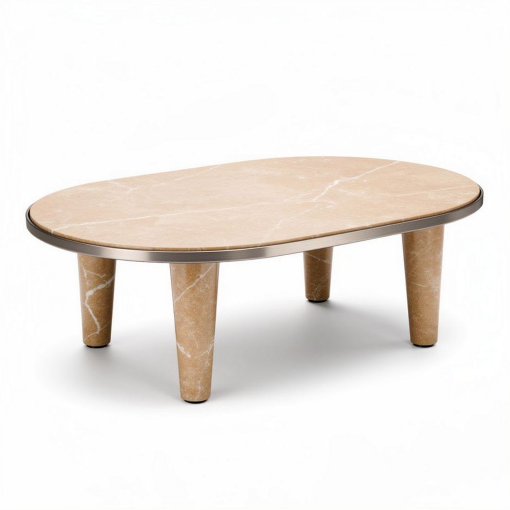 Marble coffee table with steel trim in beige 90 x 60 x 40cm