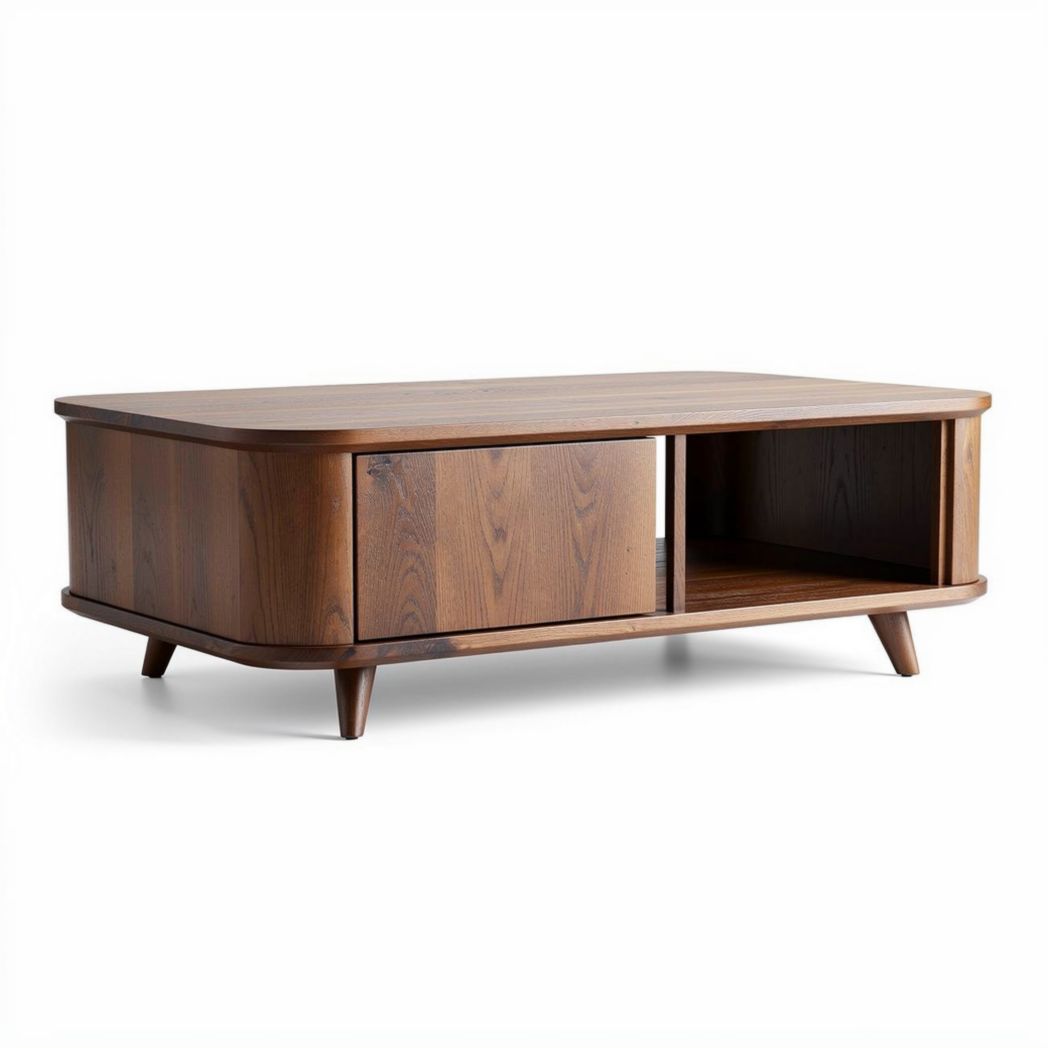 Walnut wood coffee table with storage and open shelf 120 x 60 x 40cm