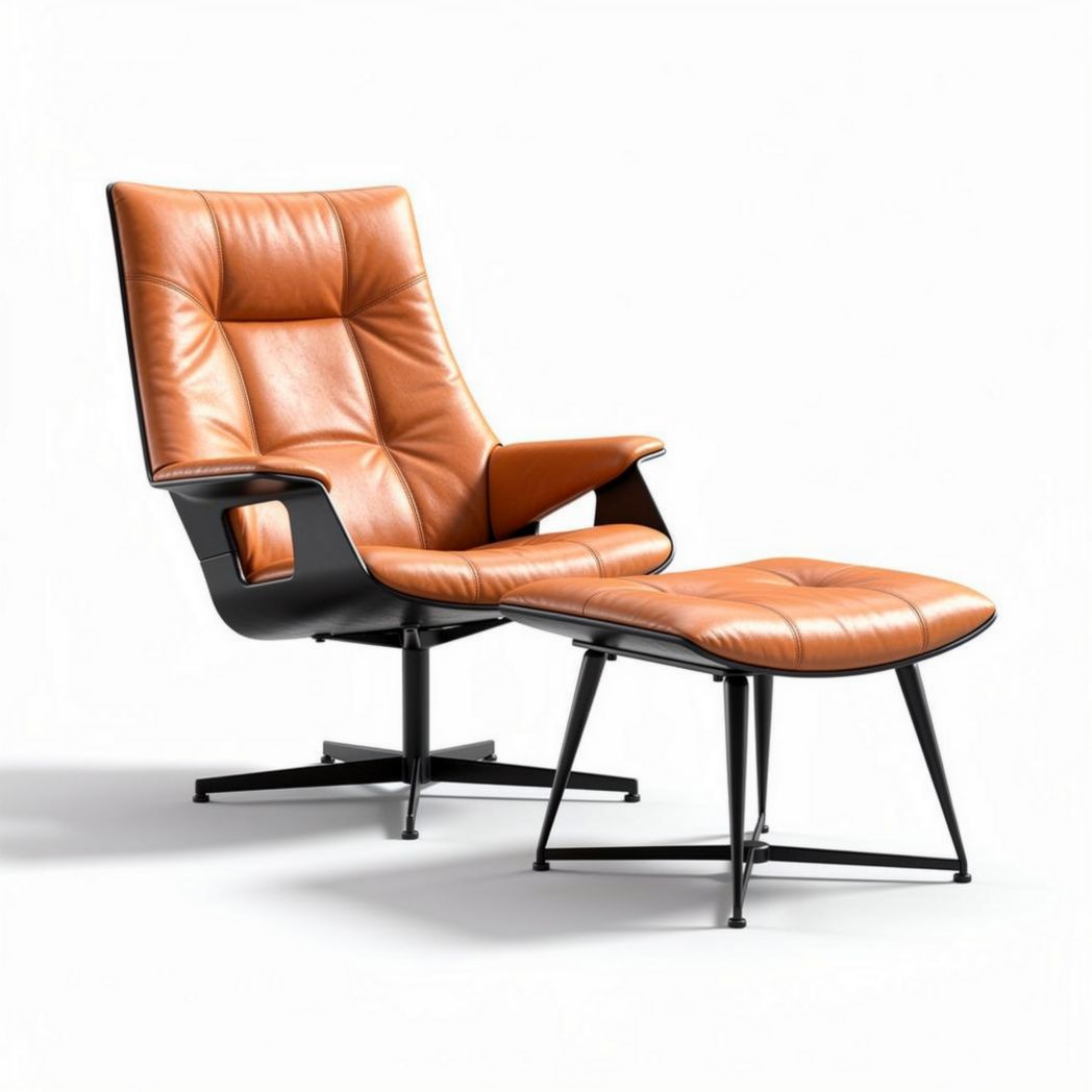 Leather lounge chair with ottoman in orange and black metal frame
