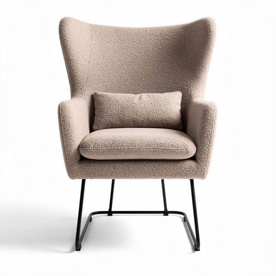 Beige boucle accent chair with removable cushion and black metal legs