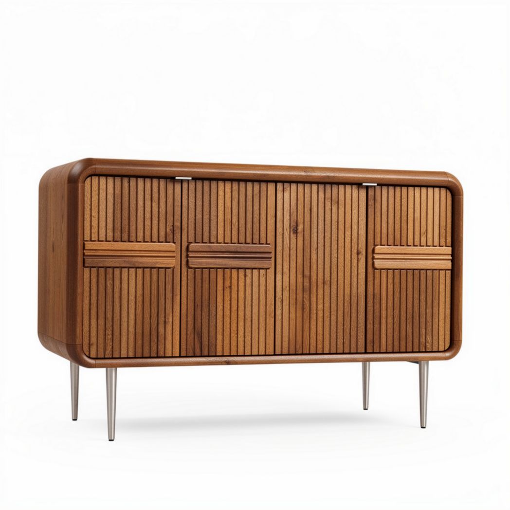 Wooden sideboard cabinet with grooved design and four doors 150 x 40 x 75cm