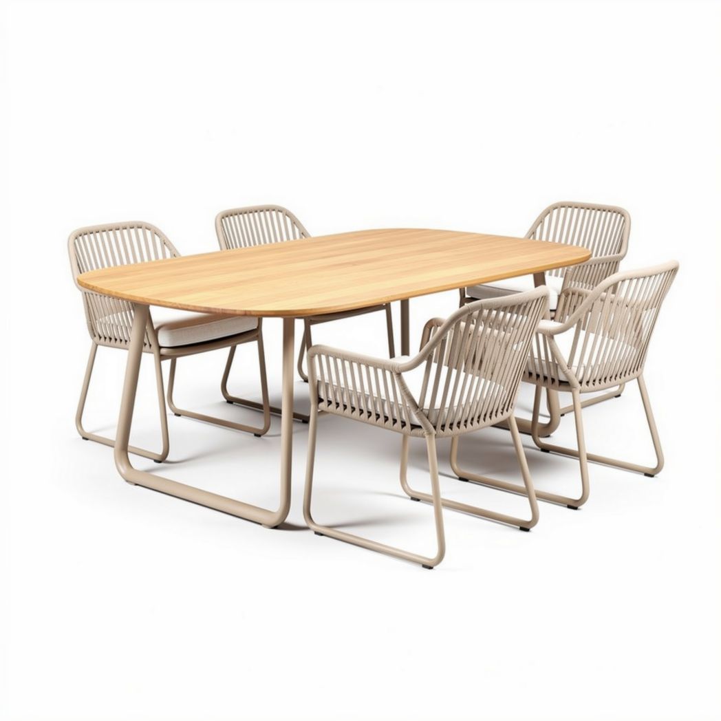 Outdoor dining set with acacia wood table and six metal chairs in tan